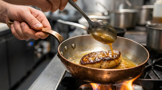 professional chef basting foie gras in copper pan | gourmet french cuisine cooking techniques | luxury restaurant kitchen food preparation | seared duck liver escalope being glazed with sauce
