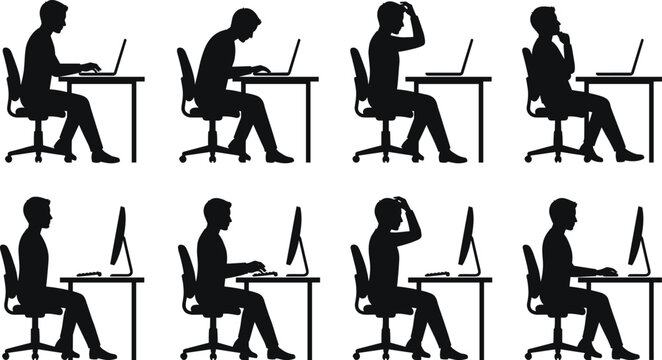 Office Worker Silhouette Collection Showing Computer Work Stress Thinking and Productivity at Workplace Vector Illustration Set