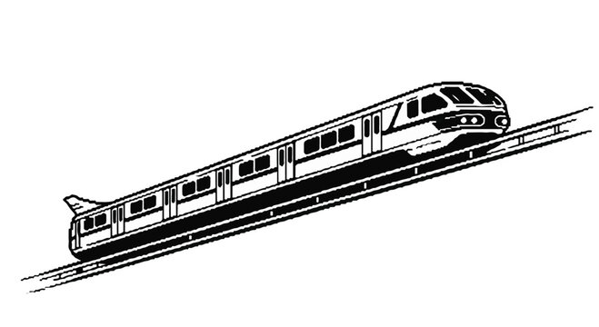 Monochrome illustration depicts a sleek, futuristic monorail train ascending an elevated track against a plain white background, emphasizing modern transportation.