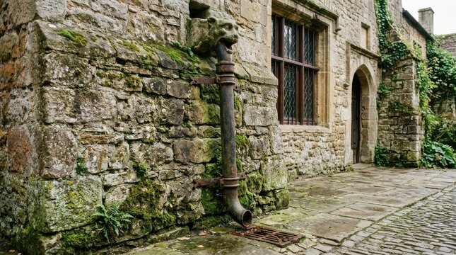 Weathered Stone Building Features Historic Gargoyle Drainpipe and Grate