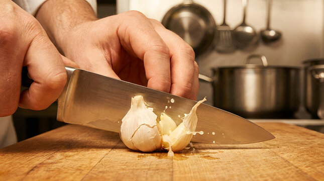 chef crushing fresh garlic with large knife | close up food preparation on wooden board | culinary expert smashing garlic cloves in kitchen | professional cooking techniques and food prep