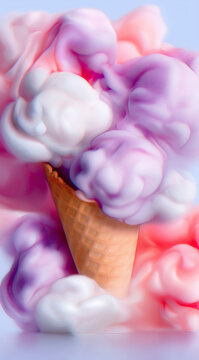 Waffle cone filled with pastel pink, purple and white cloudlike ice cream swirls on a soft blue studio background. Playful dessert concept for packaging, branding and social media.