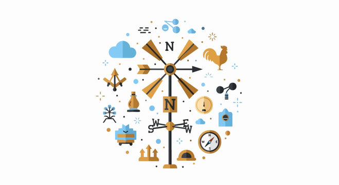 Flat Vector Meteorology Icon Set and Weather Station Equipment with Wind Vane and Compass
