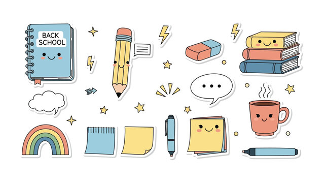 Kawaii School Supplies Sticker Set: Adorable, hand-drawn kawaii-style illustrations of back-to-school essentials, including a smiling notebook, a chatty pencil, a playful rainbow.