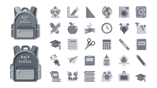 School Supplies Collection: A comprehensive collection of school supplies and stationery, featuring backpacks, books, pens, pencils, scissors, and other educational essentials arranged neatly.