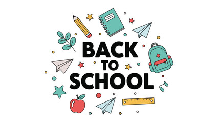 Obraz premium Back to School Celebration: A vibrant illustration celebrates the start of the school year with classic school supplies, paper airplanes, and cheerful stars, exuding excitement and anticipation.