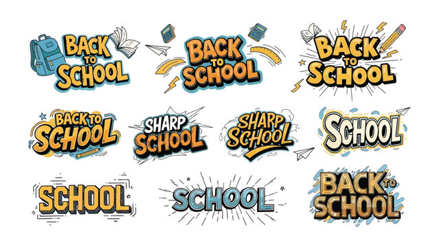 Back to School Collection: A vibrant assortment of Back to School and School graphic elements, featuring bold typography, playful illustrations, and energetic designs perfect for educational themes.