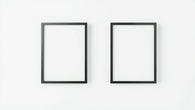 Two empty black rectangular picture frames mounted side by side on a clean white gallery wall