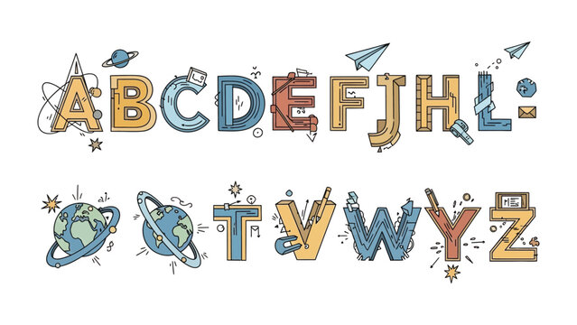 Alphabet with Planets and Rockets: A creative illustration featuring the English alphabet adorned with celestial bodies, planets, and rockets, symbolizing learning, discovery, and space exploration.