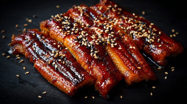 Korean food grilled eel Korean cuisine glazed eel sweet savory sauce sesame seed shiny texture minimal dark background elegant food shot