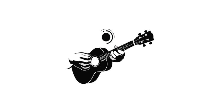 Ukulele player strums a stringed musical instrument in a stylized black and white graphic design.