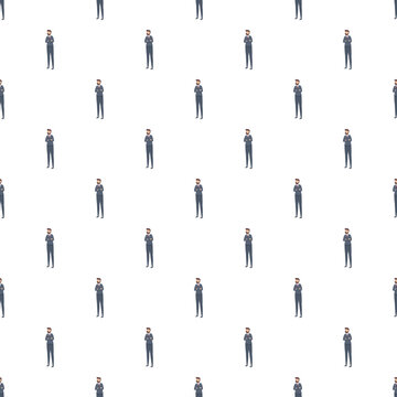 Repeating bearded businessman character wearing a suit standing with crossed arms