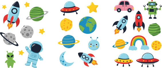 Cute space and galaxy vector illustration set featuring rockets planets astronauts aliens UFOs and colorful cosmic elements © Yevhenii creative