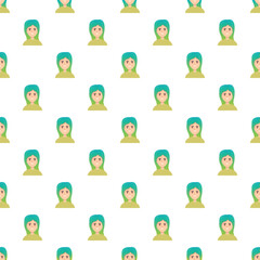 Fototapeta premium Woman avatars with teal hair creating a seamless pattern on a white background