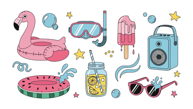 Summer Fun Collection: A vibrant assortment of summer icons including a flamingo float, watermelon ring, goggles, drink, popsicle, speaker, and sunglasses.