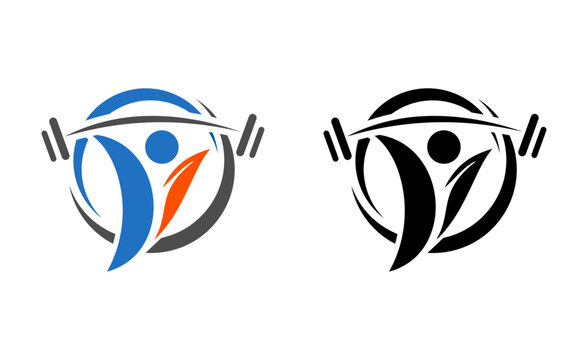 Fitness logo with person lifting weights in a circular motion vector
