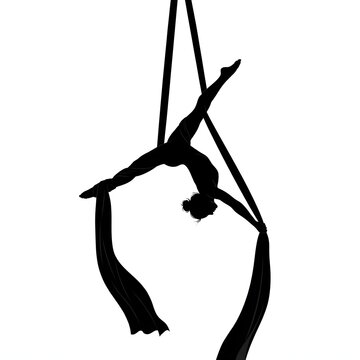 Silhouette of aerialist performing on silk fabric against white backdrop