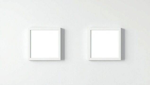 Two square white picture frames mounted symmetrically on a clean and minimalist white wall backdrop