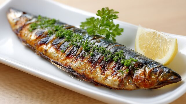 Korean food grilled mackerel Korean cuisine crispy skin fish lemon side simple authentic dish minimal clean background soft lighting