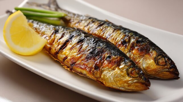 Korean food grilled mackerel Korean cuisine crispy skin fish lemon side simple authentic dish minimal clean background soft lighting