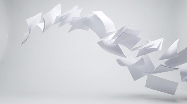 White paper sheets swirling in mid-air, symbolizing a paperless office, shedding bureaucracy, and agile transformation