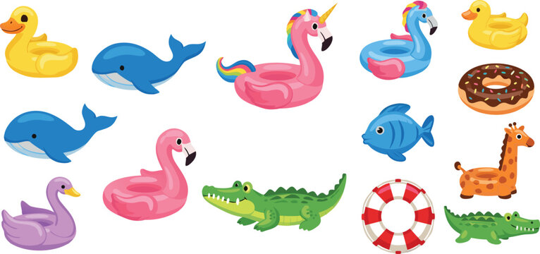 Cute summer pool float vector illustration set featuring flamingo unicorn whale duck crocodile and inflatable beach toys