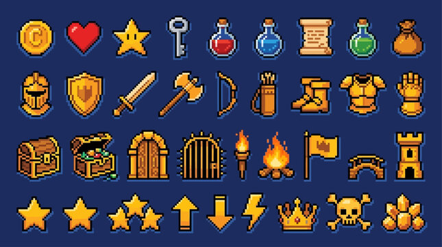 Comprehensive collection of vibrant pixel art game icons and elements, including fantasy weapons, magic items, treasure, and adventure graphics for digital game development