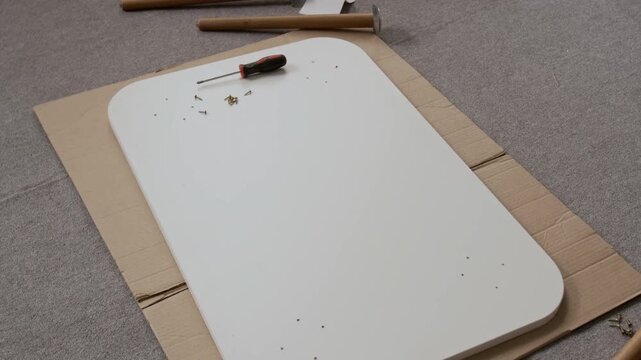 Close-up view of screwdriver and small screws on white tabletop placed on piece of cardboard near four wooden table legs on grey carpeted floor