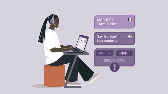 Dedicated person learning French online through an interactive platform, utilizing headphones and a laptop for mastering essential travel phrases