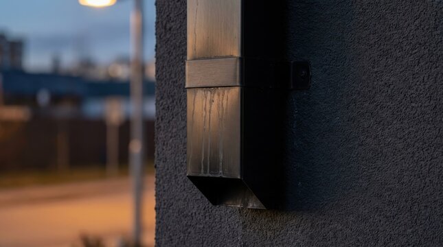 Black painted metal downspout with faint water residue attached to a textured building exterior wall