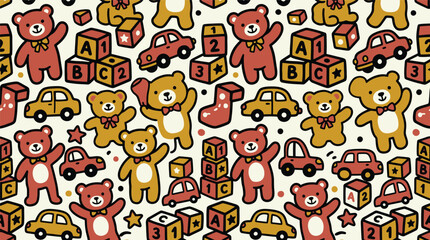 Obraz premium Seamless hand drawn baby pattern with teddy bears, toy cars, and wooden alphabet blocks