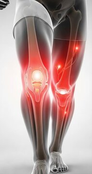 Medical illustration of human knee joint showing inflammation and pain