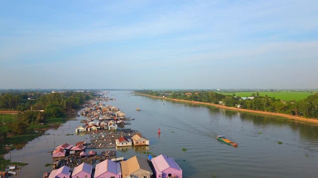 Aerial view of floating village on river, Chau Doc, Vietnam