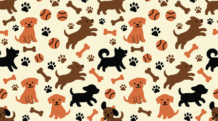 Cute Seamless Pattern with Cartoon Puppies, Dog Paws, Bones, and Balls. Flat Vector Illustration for Pet Shop Branding, Animal Wallpaper, and Nursery Fabric Design. © Robich Art