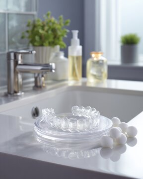 Clear Dental Aligner on Case with Cleaning Tablets on Bathroom Sink Counter