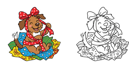 Fototapeta premium Cute Cartoon Puppy Wrapped in Gift Ribbon and Wrapping Paper Coloring Page Vector Illustration for Kids