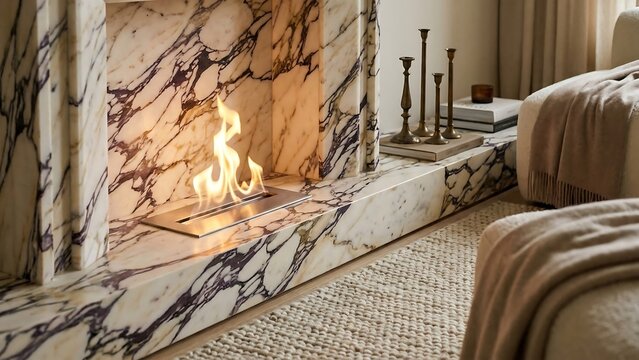 Sophisticated marble fireplace interior with warm fire and candles, fireplace