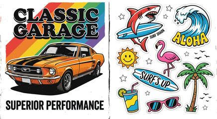 Vector set of seventies style orange car illustration with rainbow stripes background alongside tropical hawaiian aloha surf theme stickers pack isolated on white background. (25 words) © MdGohurul