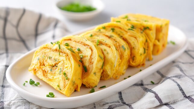 Korean food gyeran mari rolled omelette Korean cuisine egg roll sliced piece soft texture minimal presentation clean aesthetic bright light