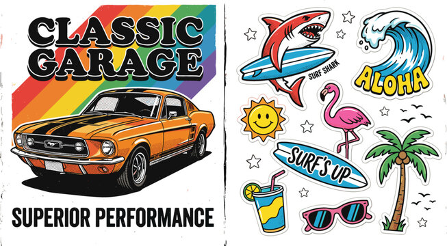 Vector set of seventies style orange car illustration with rainbow stripes background alongside tropical hawaiian aloha surf theme stickers pack isolated on white background. (25 words)