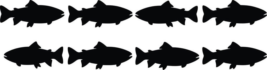Obraz premium Trout silhouettes collection. Freshwater Trout vector graphics for mountain river angling guides. Speckled Trout shapes for outdoor camping equipment merchandise labels.