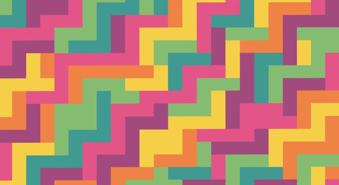 Abstract colorful geometric pattern with interlocking L-shapes or zig-zag blocks in a vibrant and modern multicolored design.