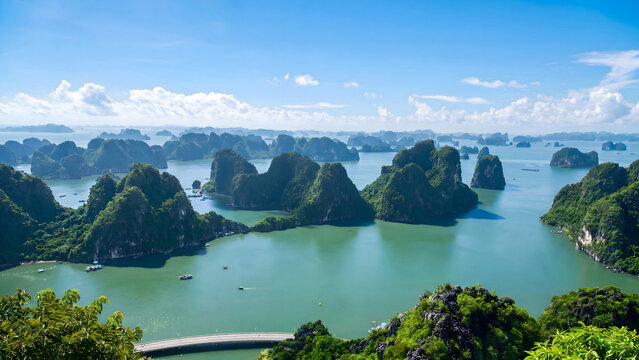 Ha Long Bay karst landscape with emerald water and blue sky
