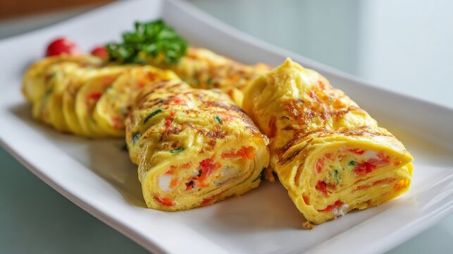 Korean food gyeran mari rolled omelette Korean cuisine egg roll sliced piece soft texture minimal presentation clean aesthetic bright light