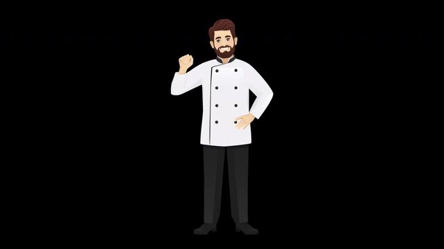 Full body cartoon chef man showing OK gesture, delicious taste expression and winking. Seamless loop animation on transparent background with alpha channel. Cooking and food concept