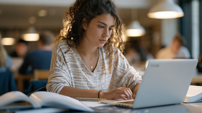 Teenage computer science student debugs AI-generated Python functions on a school-issued laptop in a public library study carrel surrounded by open textbooks, pausing to annotate error patterns in a