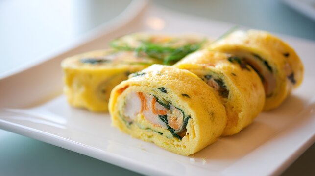 Korean food gyeran mari rolled omelette Korean cuisine egg roll sliced piece soft texture minimal presentation clean aesthetic bright light