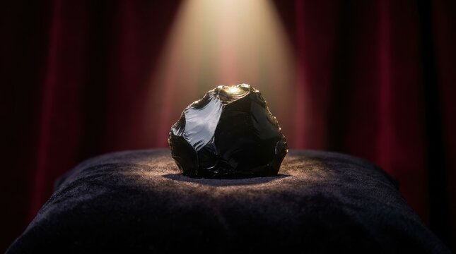 Polished obsidian shard dramatically lit on a velvet surface showcasing its natural beauty