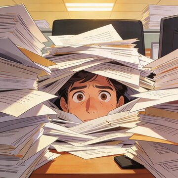 Overwhelmed person buried under stacks of paper, wide-eyed in a dimly lit office, depicting stress, pressure, and excessive workload in a busy professional environment, featuring a worried individual