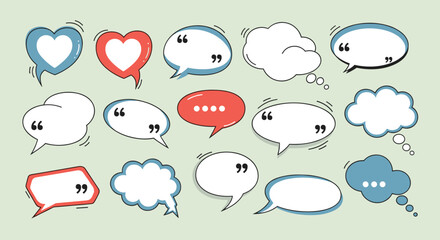 Fototapeta premium Colorful speech and thought bubbles in various shapes like hearts and clouds are arranged on a clean light green background.